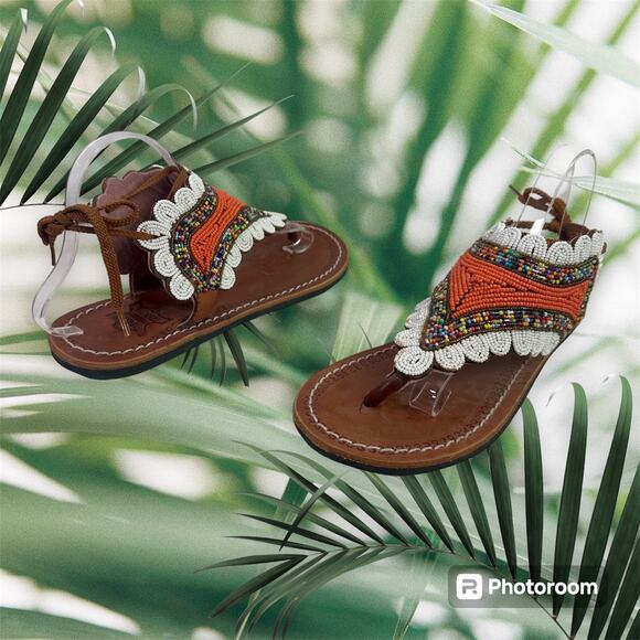 Rose Sandals Women's EU 42 US 11-11.5 Multicolored Beaded Thong Sandals - Picture 1 of 8